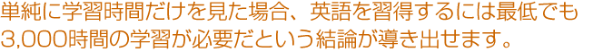 単純に学習時間だけを見た場合、英語を習得するには最低でも3,000時間の学習が必要だという結論が導き出せます。